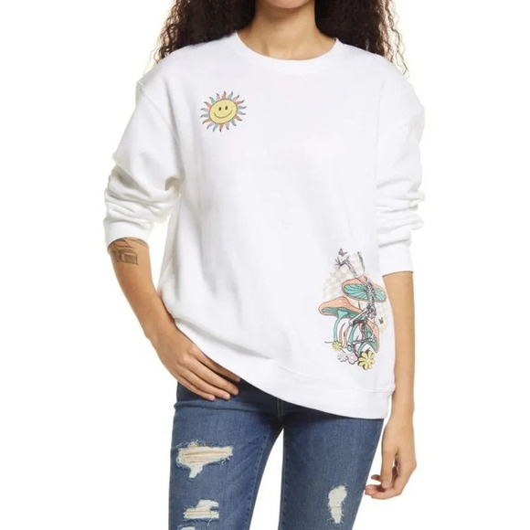 The Vinyl Icons Women's Skeleton Mushroom Graphic Sweatshirt In White SZ S NWT - Picture 1 of 14